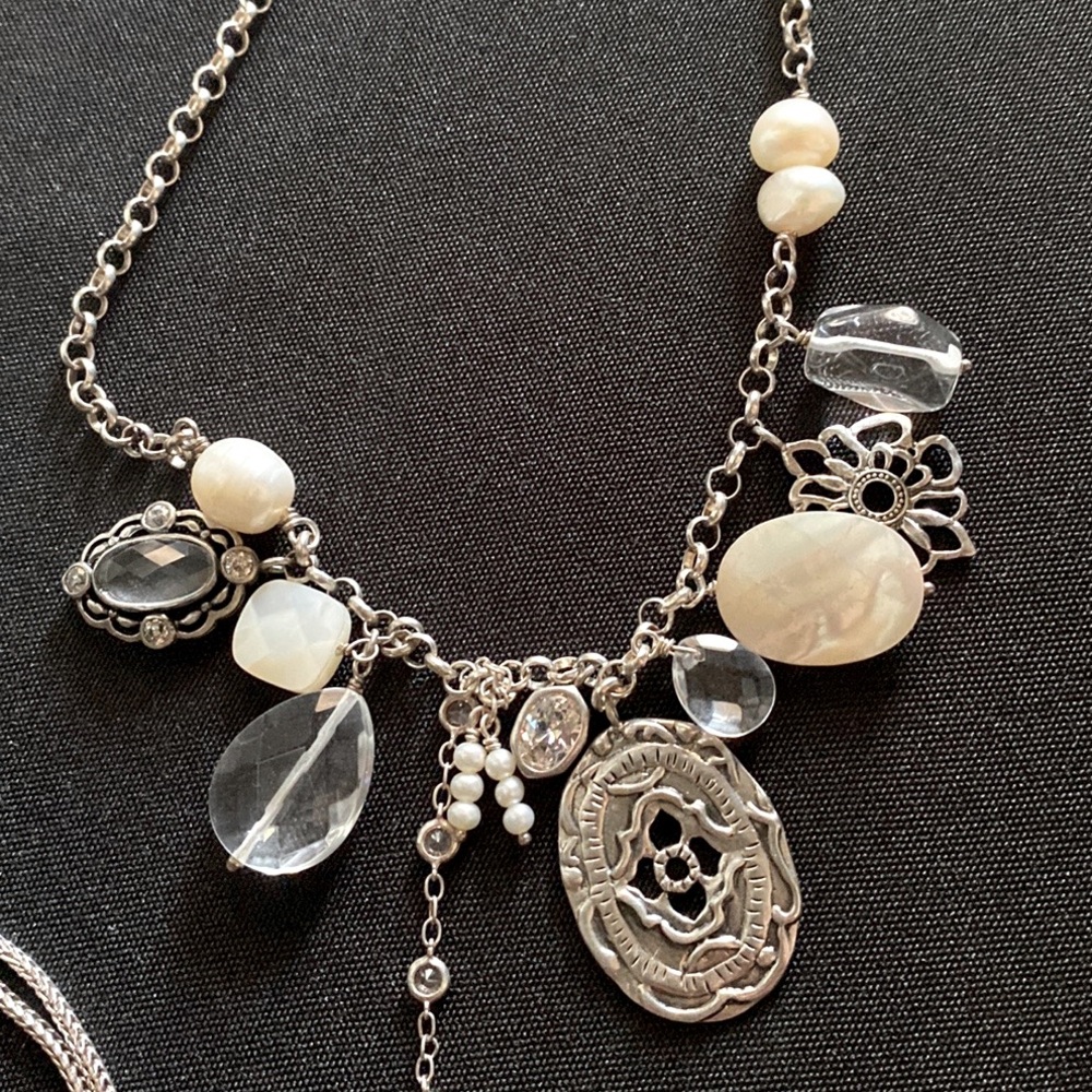 SILPADA Elegant Sterling Silver , pearl& Cubic Zirconia  Charm Necklace
